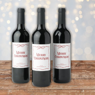 Wavy Hand Drawn Border Bow Christmas Red Wine Label