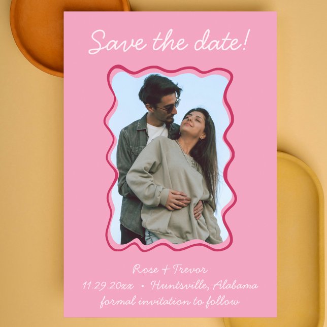 Wavy Hand Drawn Border Save the Date Photo Invitation (modern quirky wavy border hand drawn whimsical pink save the date with engagement photo )