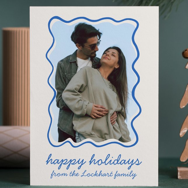 Wavy Hand Drawn Funky Whimsical Border Photo  Holiday Card (wavy doodle hand drawn border photo holiday christmas card modern whimsical funky eclectic fun cute)