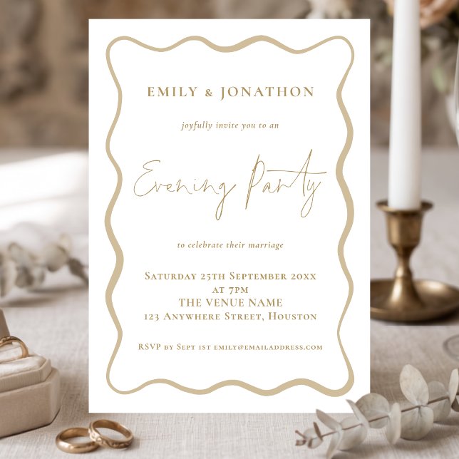 Wavy Line Border Gold Script Wedding Evening Party Invitation (Creator Uploaded)