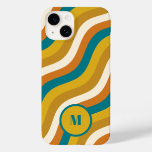 Wavy Lines Retro Stripe Pattern Teal Ochre Initial Case-Mate iPhone 14 Case
