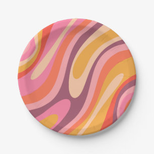 Wavy Loops Groovy Retro Abstract Pattern Paper Plate