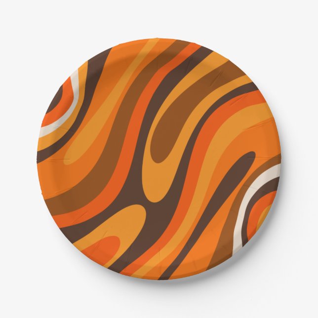Wavy Loops Retro Abstract 1970s Brown and Orange  Paper Plate (Front)