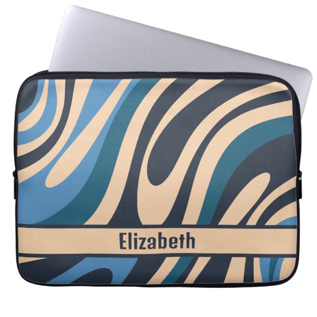 Wavy Loops Retro Abstract Pattern Blue and Beige Laptop Sleeve (Front)