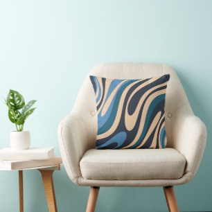 Wavy Loops Retro Abstract Pattern Blue and Beige Throw Pillow