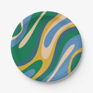 Wavy Loops Retro Abstract Pattern Blue Green Paper Plate