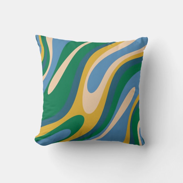 Wavy Loops Retro Abstract Pattern Blue Green  Throw Pillow (Front)