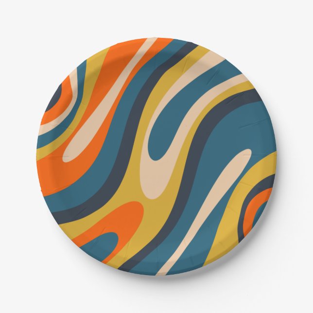 Wavy Loops Retro Abstract Pattern Blue Orange Paper Plate (Front)