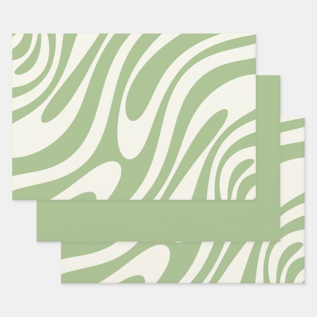 Wavy Loops Retro Abstract Pattern in Light Sage Wrapping Paper Sheet (Set)