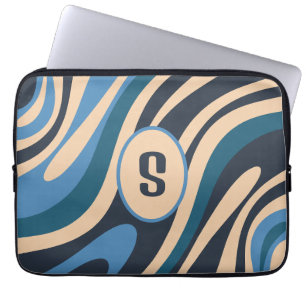 Wavy Loops Retro Abstract Pattern Initial Blue Laptop Sleeve