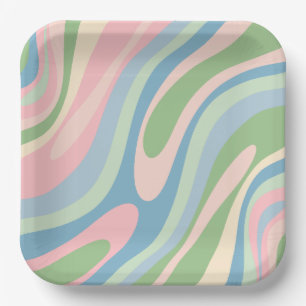 Wavy Loops Retro Abstract Pattern Pastel Blue Pink Paper Plate