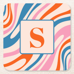 Wavy Loops Retro Modern Abstract Pattern Blue Pink Square Paper Coaster