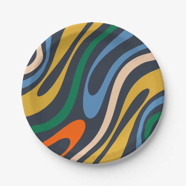 Wavy Loops Retro Modern Abstract Pattern Paper Plate (Front)