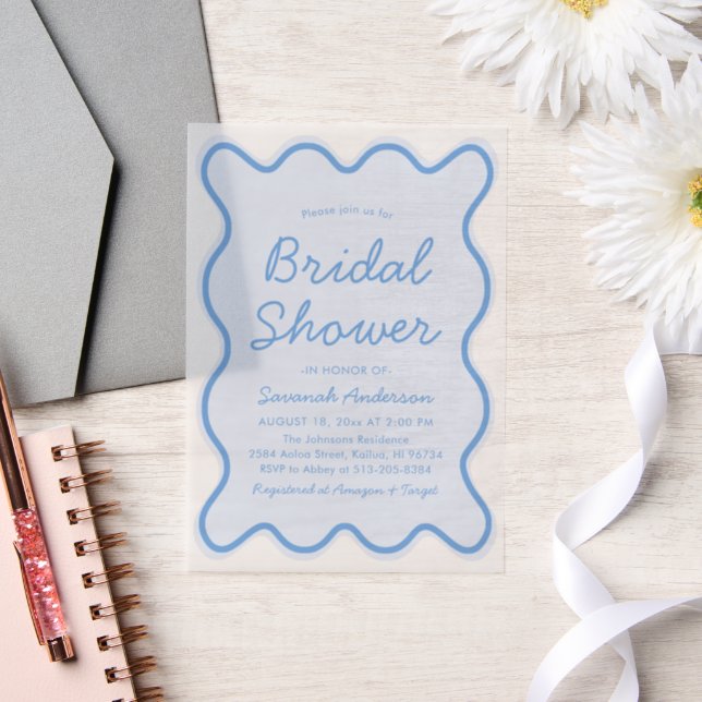 Wavy Modern Curvy Bold Dusty Blue Bridal Shower Vellum Invitations (Wedding)