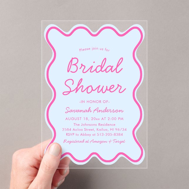 Wavy Modern Curvy Bold Pink and Blue Bridal Shower Acrylic Invitations (Insitu (Handheld))