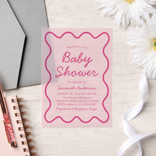 Wavy Modern Curvy Bold Retro Pink Baby Shower Invi Vellum Invitations (Wedding)