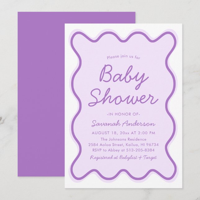 Wavy Modern Curvy Bold Retro Purple Baby Shower Invitation (Front/Back)