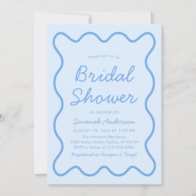 Wavy Modern Curvy Bold Squiggle Blue Bridal Shower Invitation (Front)