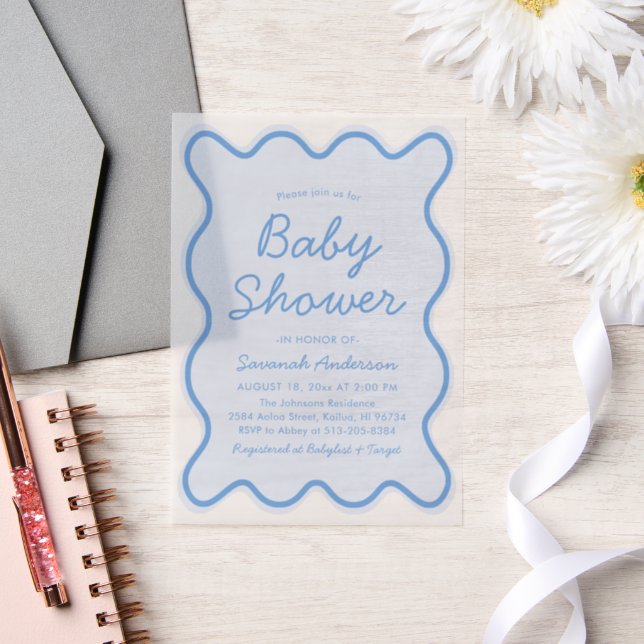 Wavy Modern Curvy Retro Dusty Blue Baby Shower Vellum Invitations (Wedding)