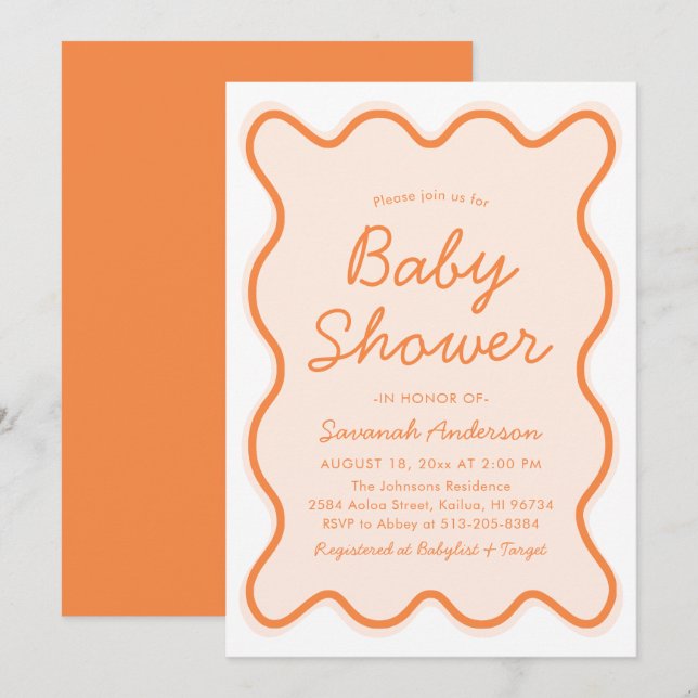 Wavy Modern Curvy Retro Peach Fuzz Baby Shower Invitation (Front/Back)