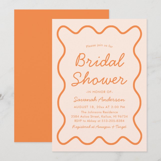 Wavy Modern Curvy Retro Peach Fuzz Bridal Shower Invitation (Front/Back)