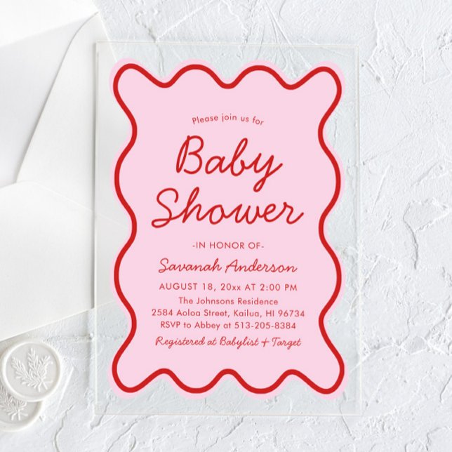 Wavy Modern Curvy Retro Pink and Red Baby Shower Acrylic Invitations (Creator Uploaded)