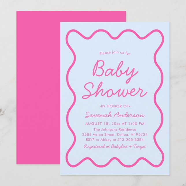 Wavy Modern Curvy Retro Pink Blue Baby Shower Invitation (Front/Back)