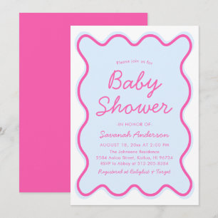 Wavy Modern Curvy Retro Pink Blue Baby Shower Invitation