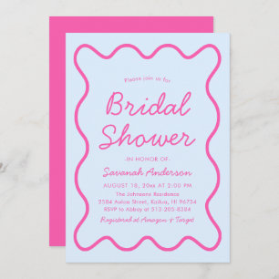 Wavy Modern Curvy Retro Pink Blue Bridal Shower Invitation
