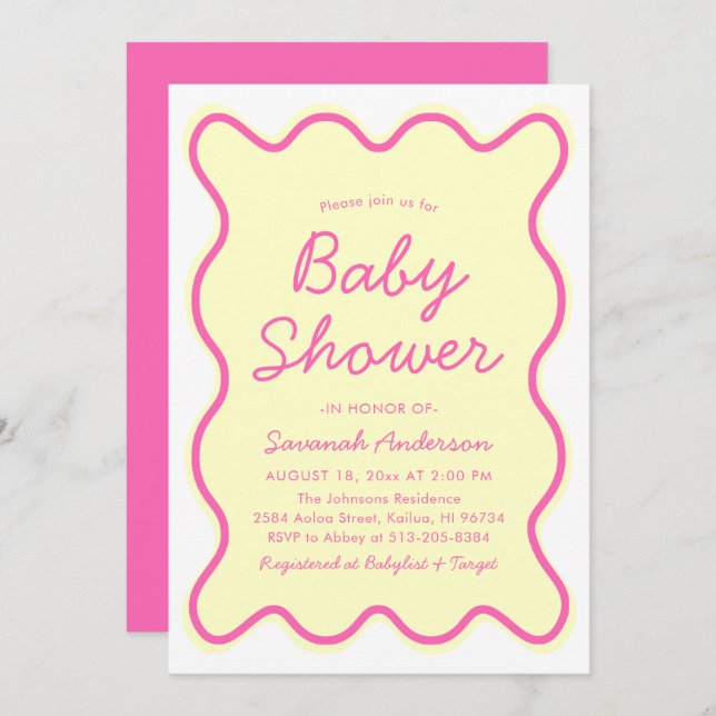 Wavy Modern Curvy Retro Pink Yellow Baby Shower Invitation (Front/Back)