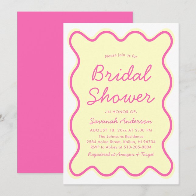 Wavy Modern Curvy Retro Pink Yellow Bridal Shower Invitation (Front/Back)