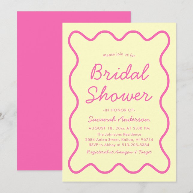 Wavy Modern Curvy Retro Pink Yellow Bridal Shower Invitation (Front/Back)