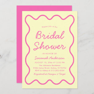 Wavy Modern Curvy Retro Pink Yellow Bridal Shower Invitation