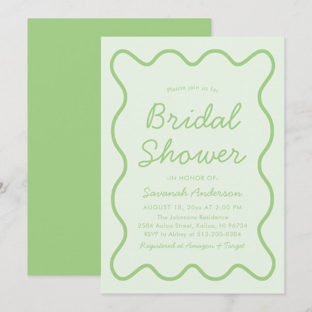 Wavy Modern Curvy Retro Sage Green Bridal Shower Invitation (Front/Back)