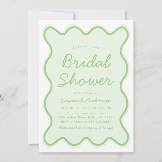 Wavy Modern Curvy Retro Sage Green Bridal Shower Invitation (Front)