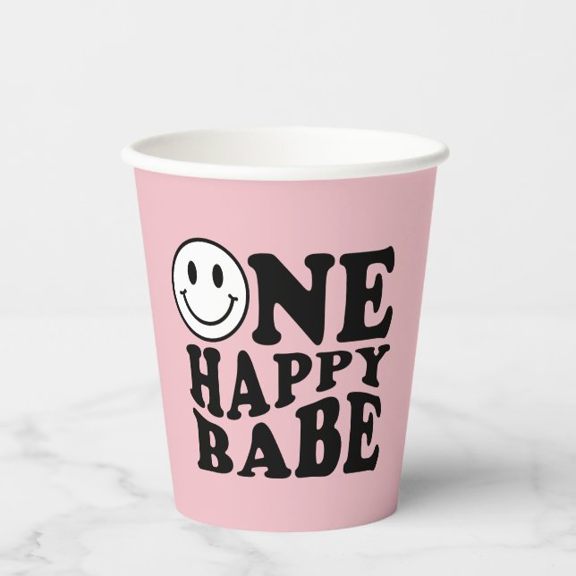 Wavy One Happy Babe Preppy Smile Pink Paper Cups (Front)