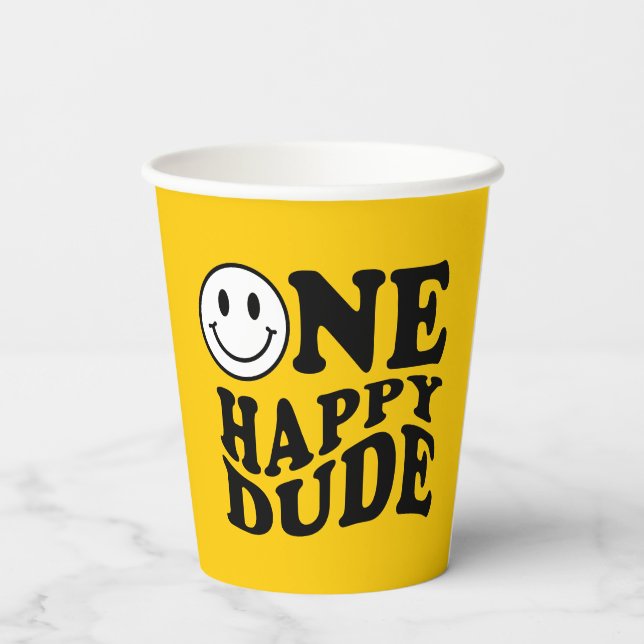 Wavy One Happy Dude Preppy Smile Yellow Paper Cups (Back)