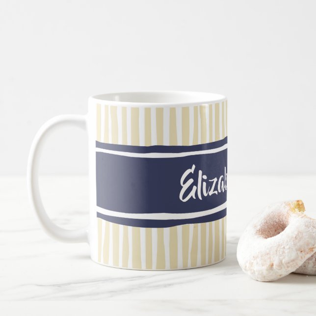 Wavy Painterly Stripes Navy and Cream With Name Coffee Mug (With Donut)