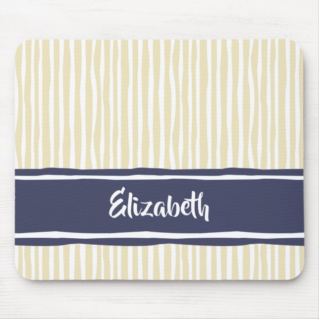 Wavy Painterly Stripes Navy and Cream With Name Mouse Pad (Front)