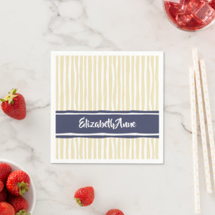Wavy Painterly Stripes Navy and Cream With Name Napkin