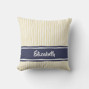 Wavy Painterly Stripes Navy and Cream With Name Throw Pillow