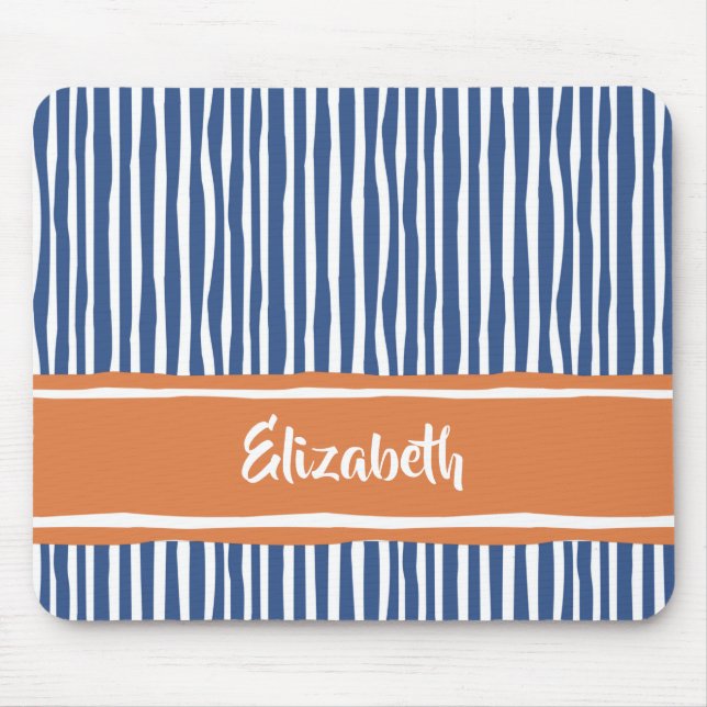 Wavy Painterly Stripes Orange and Blue With Name Mouse Pad (Front)