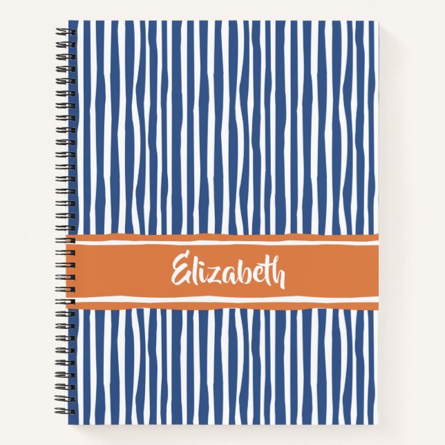 Wavy Painterly Stripes Orange and Blue With Name Notebook (Front)