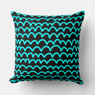 Wavy Pattern - Cyan on Black Throw Pillow