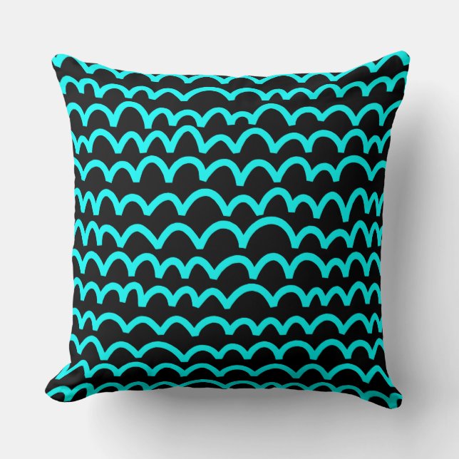 Wavy Pattern - Cyan on Black Throw Pillow (Front)