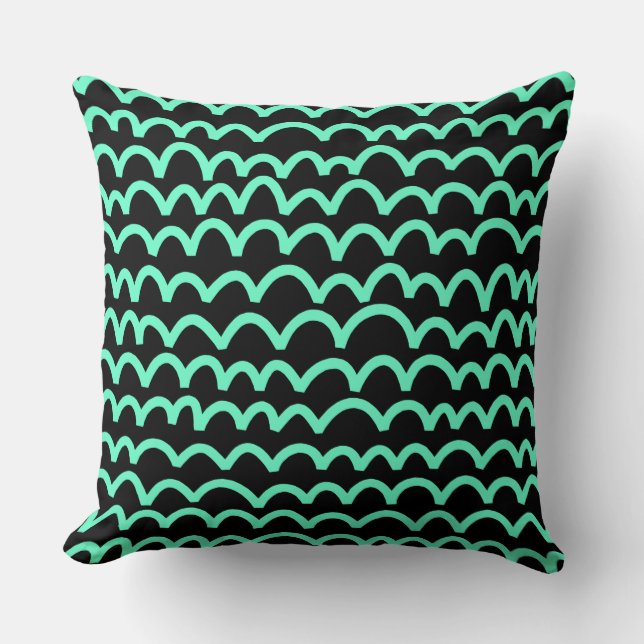 Wavy Pattern - Turquoise on Black Throw Pillow (Front)