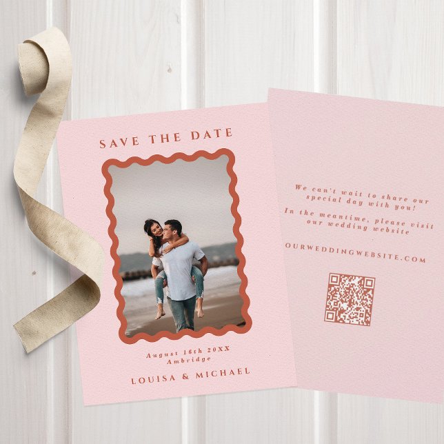 Wavy Photo QR Code & Blush & Terracotta Wedding Save The Date (Creator Uploaded)
