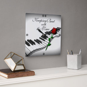 Wavy Piano Keys & Red Rose - Custom Clock
