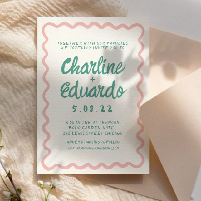 Wavy Pink and Green Handwriting Wedding QR Code Invitation (Creator Uploaded)