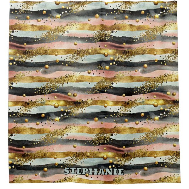 Wavy Pink & Black Stripes with Gold Glitter (Front)